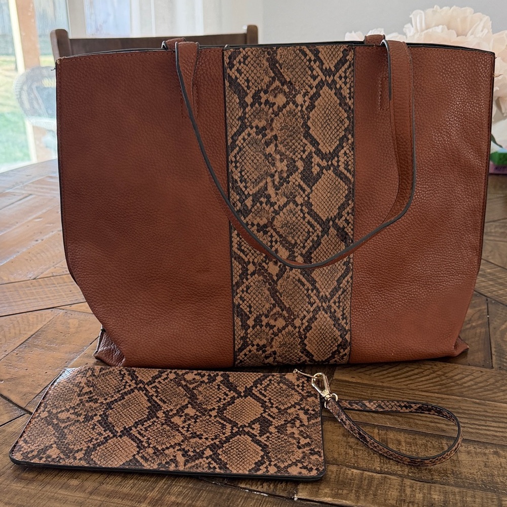 Steve Madden Brown Snake-Print Tote Bag with Wristlet